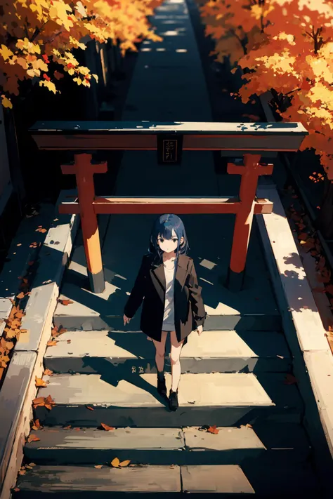 masterpiece,highres,best quality,1girl,solo,torii,stairs,scenery,outdoors,nature,<lora:torii_red-wasabiya:1>,(black eyes , blue hair ),from above ,autumn ,