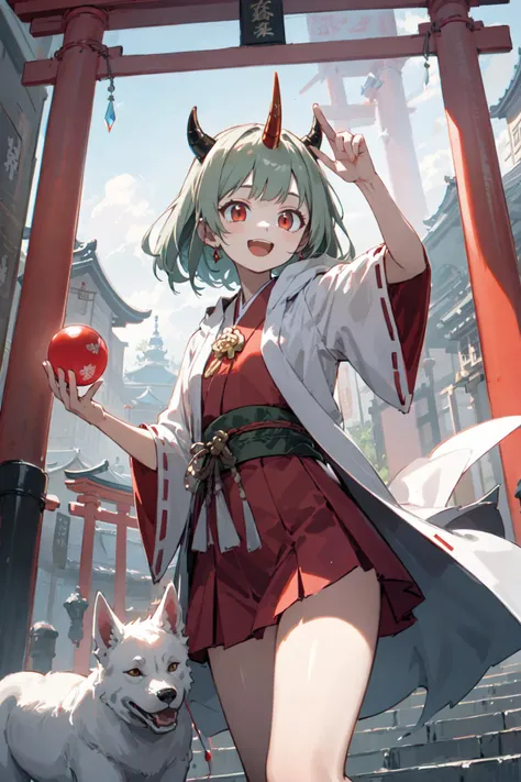 cute black horn hooded green gray haired ruby red-eyes dragon tooth open mouth smile face red miko skirt white robe girl is throwing red fortune crystal ball, in the Japanese temple, BREAK (masterpiece, best quality), torii, white fox, white dog, white snake, <lora:oversized_shirt_v0.2:0.8>, <lora:torii_red-wasabiya:0.8>