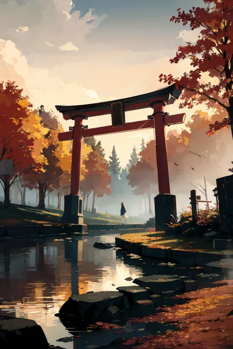 masterpiece,highres,best quality,torii,scenery,outdoors,nature,1girl,<lora:torii_red-wasabiya:1>,solo,landscape,autumn,