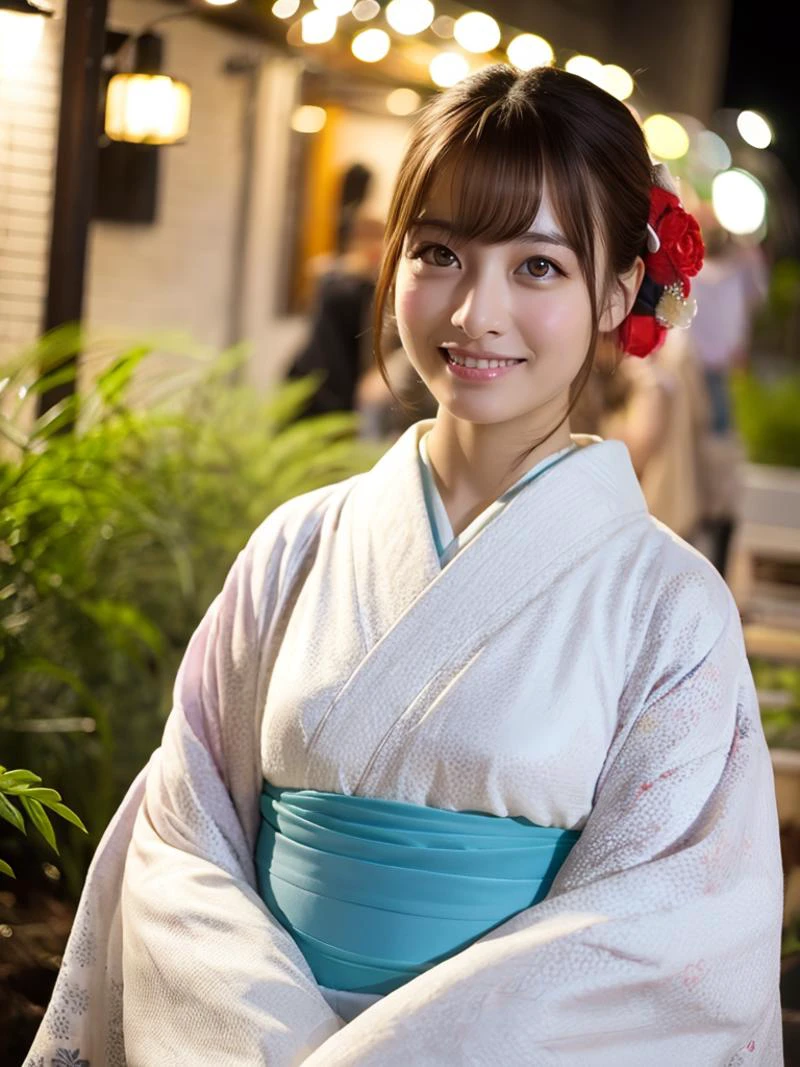 (masterpiece, best quality:1.4), 8k, highres, shiny skin, night garden, 1girl, solo, looking at viewer, brown hair, brown eyes, japanese clothes, kimono, white kimono, realistic, red hakama, photorealistic, kooo123, <lora:hashimoOO_v5:0.8>