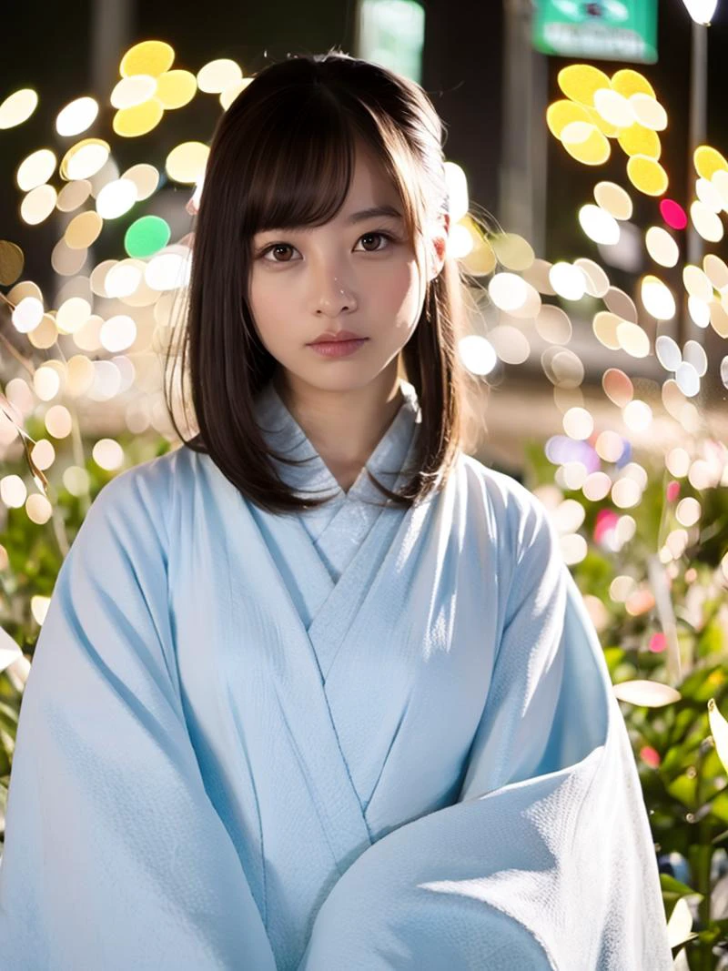 (masterpiece, best quality:1.4), 8k, highres, shiny skin, night garden, 1girl, solo, looking at viewer, brown hair, brown eyes, japanese clothes, white kimono, realistic, photorealistic, kooo123, <lora:hashimoOO_kimono:1>