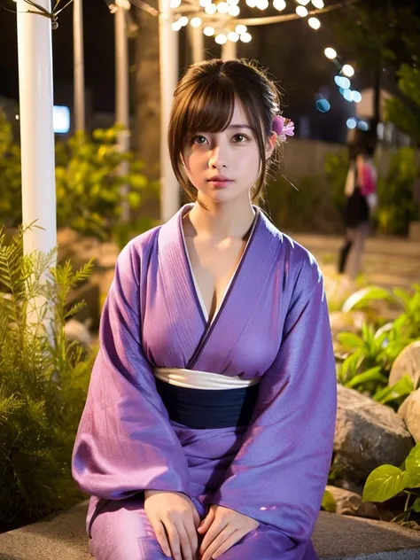 (masterpiece, best quality:1.4), 8k, highres, shiny skin, night garden, 1girl, solo, medium breast, looking at viewer, brown hair, brown eyes, japanese clothes, purple kimono, realistic, Sit up straight, photorealistic, kooo123,   <lora:hashimoOO_kimono:0.8>