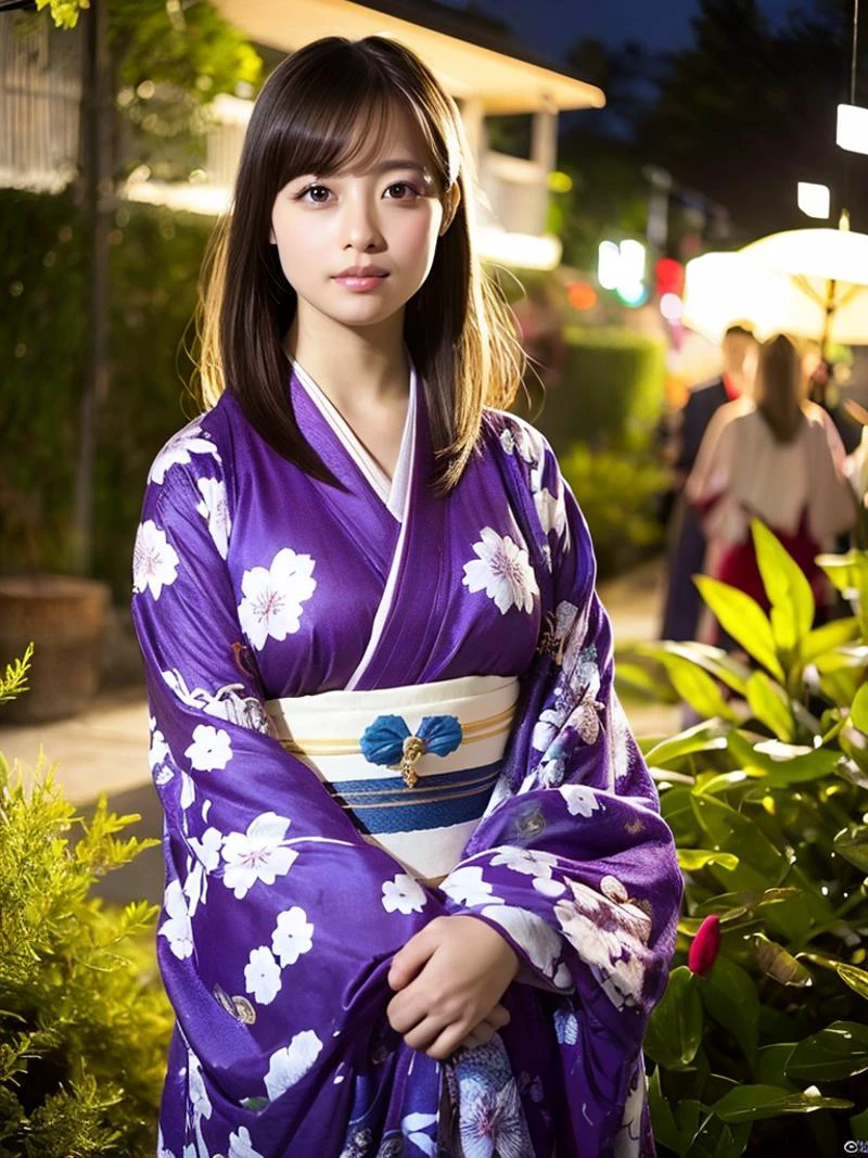 (masterpiece, best quality:1.4), 8k, highres, shiny skin, night garden, 1girl, solo, looking at viewer, brown hair, brown eyes, japanese clothes, purple kimono, realistic, photorealistic, kooo123, <lora:hashimoOO_kimono:1>