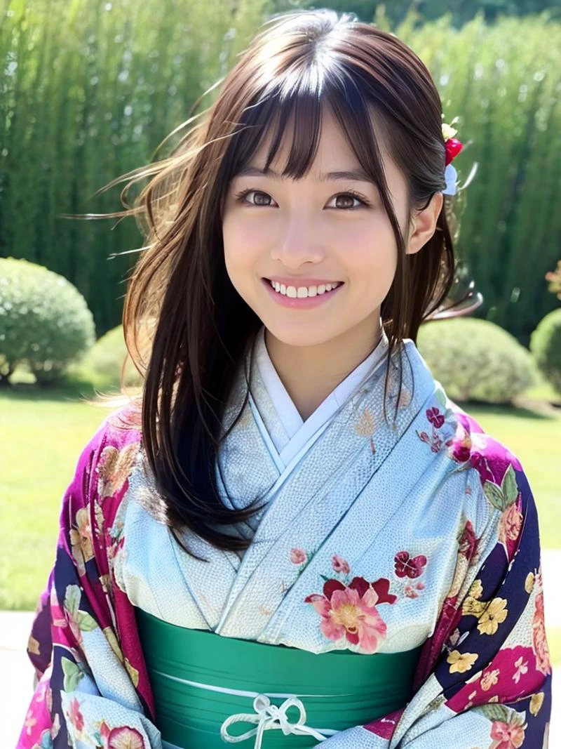 beautiful photo, shiny skin, 1girl, solo, looking at viewer, brown hair, brown eyes, japanese clothes, kimono, grin, white kimono, realistic, red hakama, photorealistic, kooo123, <lora:hashimoOO_v4:0.8>