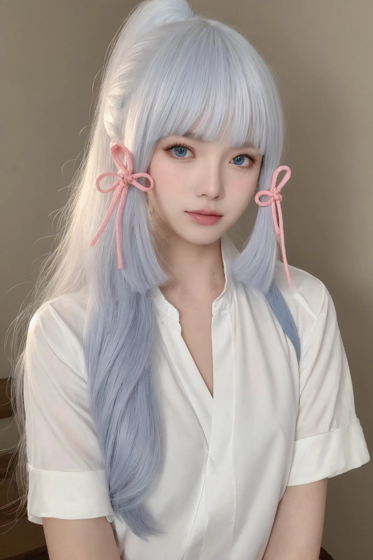 (masterpiece:1.2),best quality,high resolution,unity 8k wallpaper,(illustration:1),perfect lighting,extremely detailed CG,
finely detail,extremely detailed,soft lighting and shadow,soft yet striking lighting,film grain:1.2,(skin pores:1.2),(detailed skin texture:1),((solo:1.5)),Detailed face,(see-through:1.1),misty,Low Key:1.1,depth of field,
kamisato ayaka,blue eyes, ponytail, bangs,high ponytail,blunt bangs, long hair, mole, mole under eye, looking at viewer,ribbon,hair ribbon, hair ornament, white hair, sidelocks,tress ribbon,<lora:kamisato_ayaka_v1-000008:0.6>,
kamisato ayaka, 1girl, solo, blue eyes, looking at viewer, bangs, mole, mole under eye, long hair, blunt bangs, ribbon, pink ribbon, hair ribbon, closed mouth, lips, blue hair, upper body, shirt, white shirt