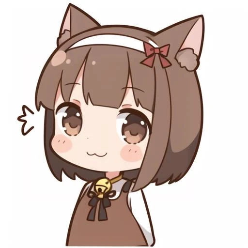 1girl, animal ears, solo, cat ears, brown eyes, brown hair, short hair, dress, full body, smile, looking at viewer, blush, white background, simple background, bell, hairband, :3, arms behind back