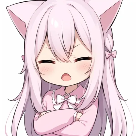 chibi, girltype 2, solo, bow, closed eyes, animal ears, long hair, white background, hair bow, bangs, crossed arms, simple background, hair between eyes, white bow, open mouth, long sleeves, dress, pink bow, upper body, blush, pink dress, facing viewer, cat ears, collared dress, white hair, very long hair, pink shirt, pink hair, :o, v-shaped eyebrows, virtual youtuber, puffy long sleeves, shirt