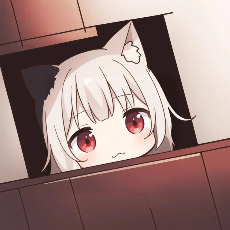 chibi, foxtype 3, solo, peeking out, long hair, red eyes,