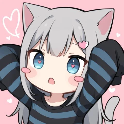 chibi, nachonekotype, heart, animal ears, cat ears, shirt, grey hair, blue eyes, tail, long hair, hair ornament, open mouth, striped, sleeves past wrists, bangs, blush stickers, striped shirt, cat tail, symbol-shaped pupils, solo, cat girl, long sleeves, sleeves past fingers, heart-shaped pupils, arms up, upper body, blue shirt, hairclip, blush, pink background, hands up, cat hair ornament, virtual youtuber, :o