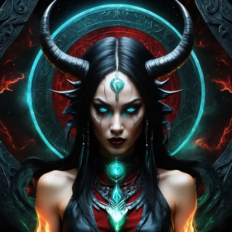 ((best quality)), ((masterpiece)), ((realistic,digital art)), (hyper detailed),DonMD34thM4g1cXL, female Devil, embodiment of evil, cunning and charismatic, red skin, devil horns, fantasy, Legal age, Voluptuous, Native American, Light blue eyes, Attached Ears, Roman Nose, Strong Jaw, Low Cheekbones, Delicate Nails, , Black Long layers hair, Disappointment, Pouring over ancient manuscripts, uncovering lost knowledge, Druid, (Lustrous,Mars Black Enthrall,Potion,Luminescent ,Turbulence,Time compression,Seraphic,Celestial,Cybernetic Storms,Diagonal lines,Parallel liness magic:1.0) Electrokinesis , Dancing gracefully in a magical ritual, invoking the power of movement, Transcendent Glow<lora:DonMD34thM4g1cXL_v3.0-000015:0.85>