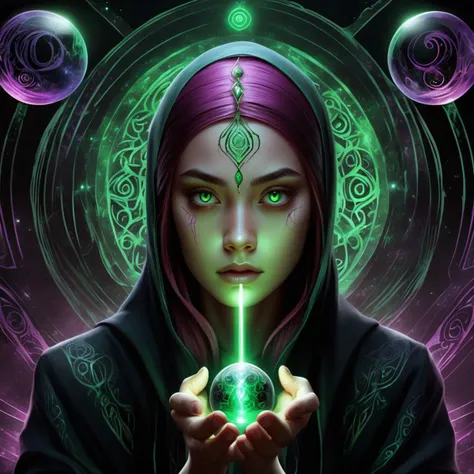 ((best quality)), ((masterpiece)), ((realistic,digital art)), (hyper detailed),DonMD34thM4g1cXL, female , Adolescence, Strong, Inuit, Green eyes, Unique Jaw, Smooth Cheeks, Symmetrical Eyes, Cleft chin, Lilac Braided haircut hair, Disgust, Etheric Resonance, Hands forming an energy ball between palms, Wizard, (Mysterious,Ornate,Resonant,Convection,CherryRed Wand,Flourish ,Obsidian stone,Calligraphy Brush Vibration,Straight lines,Precognition,Cube magic:1.0) Enchantment , Tracing glowing sigils in the air with fingertips, activating magic, Ethereal Glow<lora:DonMD34thM4g1cXL_v3.0-000015:0.85>