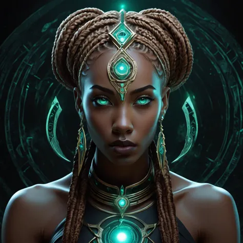 ((best quality)), ((masterpiece)), ((realistic,digital art)), (hyper detailed),DonMD34thM4g1cXL, female , Legal age, Elegant, Berber, Turquoise eyes, Split Ears, Bulbous Nose, Pointed Chin with Cleft, Round Jaw, Hollow Cheeks, Oval face shape, Well-formed Back Muscles, Bold and colorful makeup , Strawberry Blonde Box braids hair, Love, Holding an ancient artifact, eyes focused on deciphering its power, Necromancer, (Salmon Glamour,Oracle,Bewitching ,Dragonbone Convection,Black hole,Enrapturing,Ornate,Spellbinding,Vertical lines,Straight lines,Time perception magic:1.0) Genetic and biotechnology manipulation, Solarpunk , Rune Invocation, Tracing runes in the air for spell activation, Sorcerer's Brilliance<lora:DonMD34thM4g1cXL_v3.0-000015:0.85>