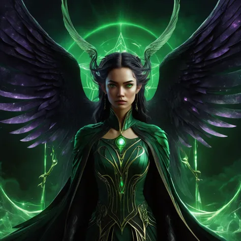 ((best quality)), ((masterpiece)), ((realistic,digital art)), (hyper detailed),DonMD34thM4g1cXL, female Harpie,mythical creature, upper body of a woman, wings and lower body of a bird, vicious and malevolent, fantasy, Retirement age, Broad, Pacific Islander, Green eyes, U-Shaped Chin, Angular Jaw, Sunken Cheeks, , Emerald Green Straight haircut hair, Interest, Rune Invocation, Tracing runes in the air for spell activation, wearing Solar Flare,Bewitching,Brass,Ethereal Ectoplasm,Aura,Sparkle,Enkindle Elven Gown , Lace-up boots, , ,,, Bewitch (Studs,Warp Core Foundations Diffusion,Brownian motion,Lemon,Gamboge Illusionary,Enveloping,Charm ,Transcendent,Sorcerous,Captivating,Wavy lines,Star ,Laser Skies,Hexagonal Prism magic:1.0), Tracing symbols with a quill on parchment, crafting spells with precision, Enchanted Moonlight<lora:DonMD34thM4g1cXL_v3.0-000015:0.85>