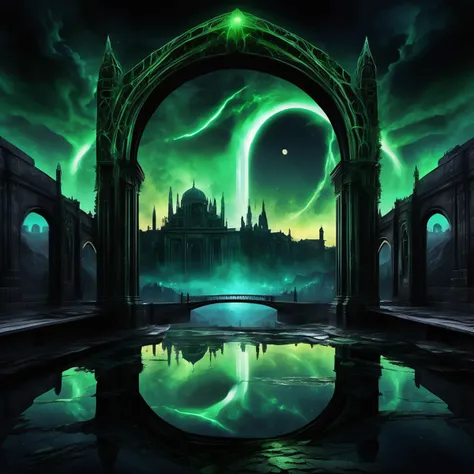 ((best quality)), ((masterpiece)), ((realistic,digital art)), (hyper detailed),DonMD34thM4g1cXL, magical,eerie, Urban Landscape Dusk,Murky Reflections,Celestial Event,Arch, <lora:DonMD34thM4g1cXL_v3.0-000015:0.85>