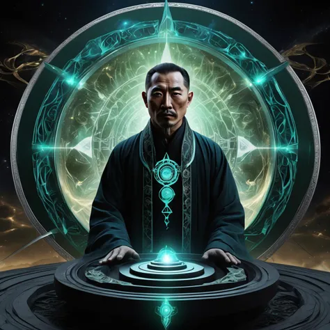 ((best quality)), ((masterpiece)), ((realistic,digital art)), (hyper detailed),DonMD34thM4g1cXL, male , Fifty-something Wholesome, East Asian, Black eyes, Flat Nose, Flat Forehead, Diamond face shape with Angular Cheeks, Scars, Dirty Blonde Waves haircut hair, Frown,, Calling upon the winds with outstretched arms, manipulating the air, Quantum Sorcerer, (Ferromagnetic,SkyBlue Spark,Glamour ,Astral,Aetheric Distortion,Torus,Whipping,sinkhole,Oval ,Laminate Translation,Convection magic:1.0) Creation and control of holographic illusions, Raypunk , Using a magical compass to seek answers, orienting to magical energies, Astral Gleam<lora:DonMD34thM4g1cXL_v3.0-000015:0.85>
