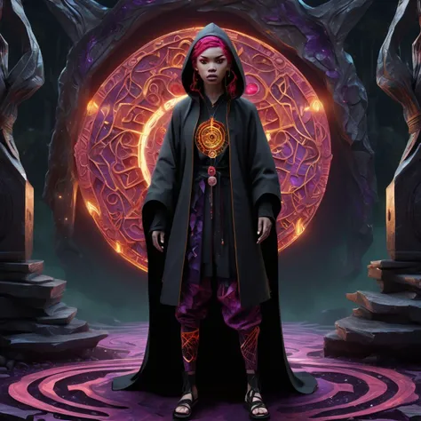 ((best quality)), ((masterpiece)), ((realistic,digital art)), (hyper detailed),DonMD34thM4g1cXL, female , Teenager, Ripped, African, Ruby red eyes, Normal Ears, Angular Jaw, Prominent Cheeks, Widows Peak Forehead, , Tangerine Choppy haircut hair, Loneliness, Solving riddles within enchanted puzzles, unlocking magical doors, wearing Batik Amethyst Capri leggings, Oversized button-down shirt, Platform sandals, Hatpin, Camping Backpack ,lip Piercings Bewitch (Whipping,Quinacridone Red,Pink Spore Print Arcane,Shimmering,Channel ,Scriptorium-Fluid Diffusion,Wave propagation,Icosahedron,Amorphous,water magic:1.0), Elegant hand gestures, drawing symbols in the air to cast spells, Transcendent Glow<lora:DonMD34thM4g1cXL_v3.0-000015:0.85>