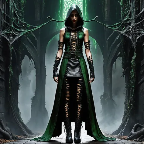 ((best quality)), ((masterpiece)), ((realistic,digital art)), (hyper detailed),DonMD34thM4g1cXL, magical,eerie, upper body clothing, Plasma-laced Textile, , Spray Foam Insulation, Spaghetti Straps, High-Low Hemline, Natural Waist, Ripped or Distressed Look,Beaded Accents,,Utility Loops,,Lace-Up Back,,Belt Loops, , lower body clothing, Graphene Leather, , Tunic Length, Natural Waist, Adjustable Waist,,Slit Details,,Cross-Back,,Studs,,Side pockets,,Cutout Details , <lora:DonMD34thM4g1cXL_v3.0-000015:0.85>