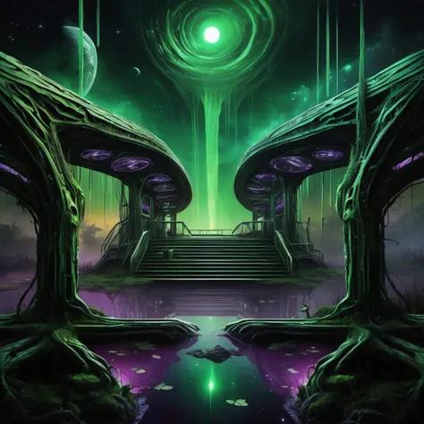 ((best quality)), ((masterpiece)), ((realistic,digital art)), (hyper detailed),DonMD34thM4g1cXL, magical,eerie, Space Station Wetland Ecosystem,Jamb, <lora:DonMD34thM4g1cXL_v3.0-000015:0.85>