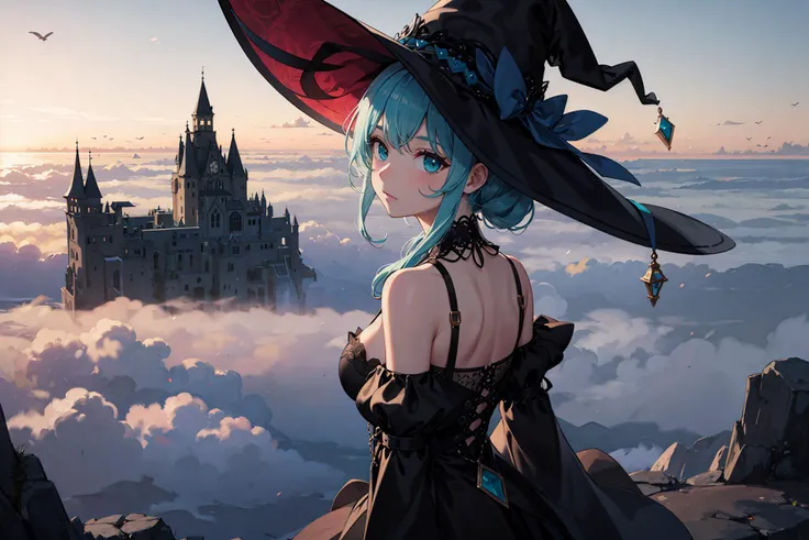 exquisite illustration of 1girl,portrait,side view,witch hat,lift own hair,looking at viewer,delicate off-the-shoulders long sleeves black dress,lace tirm,Standing on top of a mountain,Sea of Clouds,dark aqua sky,(dawn:1.1),fancy color,perfect rimlihgt,fantasy,dreamlike,cinematic,dramatic,masterpiece,best quality