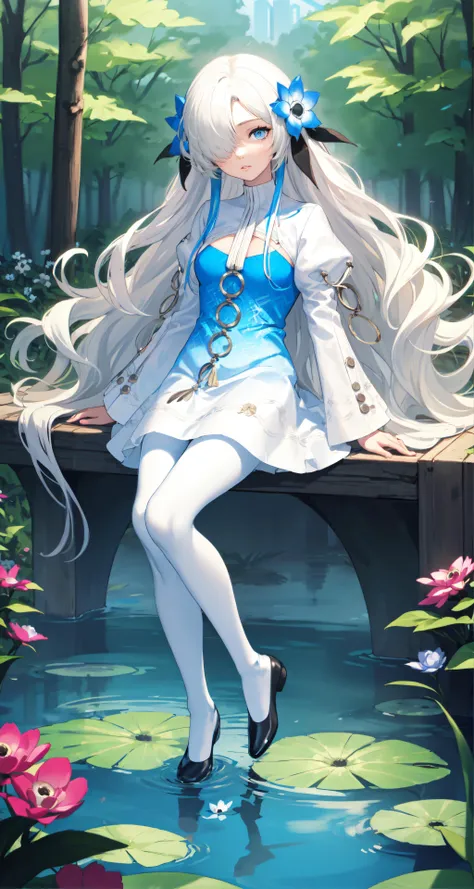 8k, 8k wallpaper, (an extremely delicate and beautiful:1.1), absurdres, (beautiful detailed eyes:1.3), (best illustration:1.1), (best quality:1.3), (best shadow:1.1), (cinematic lighting:1.2), detailed eyes, (detailed_light:1.1), (dreamy:1.1), (extremely detailed CG unity 8k wallpaper:1.1), highres, (masterpiece:1.3), official_art, ray tracing, (stylized:1.3), trending on artstation, (ultra_detailed:1.2)
(STYLE & COMPOSITION:0)
1girl, full_body
(POSE & EXPRESSION:0)
expressionless, head_tilt, parted_lips
(CHARACTER:0)
(FACE:0)
black_ribbon, bluejoucho, blue_eyes, eyelashes, flower_hair_ornament, hair_over_one_eye, hair_ribbon, lips, long_hair, messy_hair, silver_hair, very_long_hair, (white_hair:1.2)
(PORTRAIT:0)
breasts_apart, small_breasts
(UPPER_BODY:0)
(COWBOY_SHOT:0)
(white_pantyhose:1.2)
(FULL_BODY:0)
black_socks, ankle_socks, socks_over_pantyhose
(NSFW:0)
(BACKGROUND:0)
blird, flower, garden, pond
(EMBEDDINGS:0)