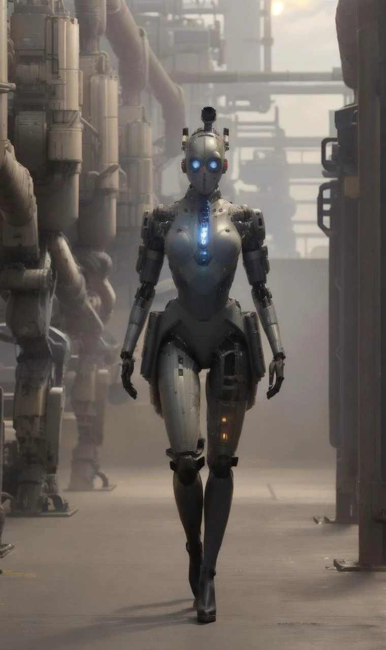 (xmech robot:1),(factory plant:1.2),cyborg,long cape,Brass Battleship Gray,body-tight suit,slotted skirt,slender,thigh-high boots,full-length shot,masterpiece,8k,highest details,intricate,quillings,pauldrons,gloves,<lora:allymech:0.8>,muscular,fighting posture,industrial,greasy,sci-fi,futuristic,