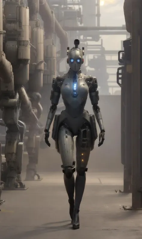 (xmech robot:1),(factory plant:1.2),cyborg,long cape,Brass Battleship Gray,body-tight suit,slotted skirt,slender,thigh-high boots,full-length shot,masterpiece,8k,highest details,intricate,quillings,pauldrons,gloves,<lora:allymech:0.8>,muscular,fighting posture,industrial,greasy,sci-fi,futuristic,