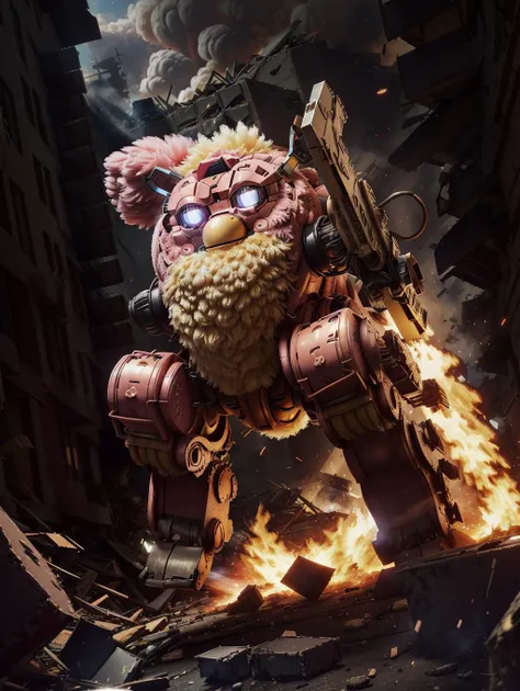 A huge fuzzy pink plush Furby allymech battlemech fighting in the smoking rubble of a city block, flames, smoke, debris, falling rubble, twisted metal,
highres, high resolution, detailed, cinematic, artistic shadow, light glow.
<lora:LowRA:0.3> <lora:add_detail:0.3> <lora:allymech:0.7> <lora:Furby_SD_EP10_V1:0.7>