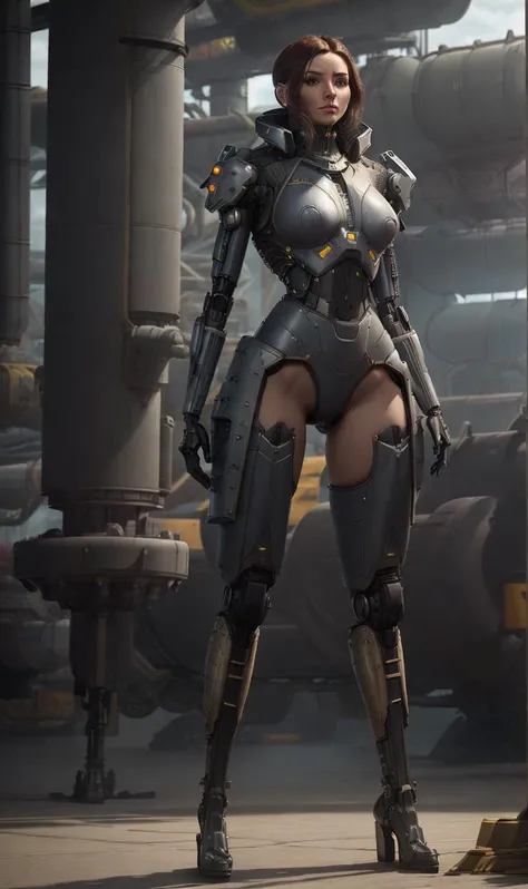 (xmech robot:1),(factory plant:1.2),cyborg,long cape,Steel gray Flint Gray,body-tight suit,slotted skirt,slender,thigh-high boots,full-length shot,masterpiece,8k,highest details,intricate,quillings,pauldrons,gloves,<lora:allymech:0.7>,muscular,fighting posture,industrial,greasy,sci-fi,futuristic,