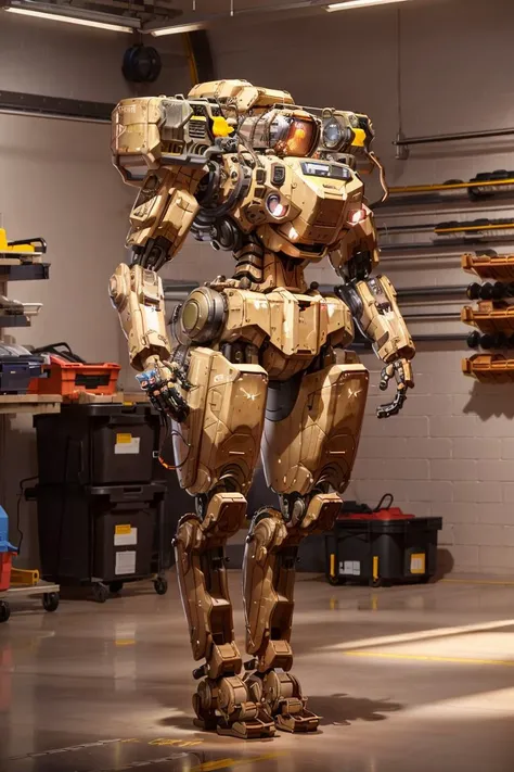 <lora:allymech:0.9> (xmech robot:1.0), full body, photo realistic, standing in a lab, garage, tools, sharp focus, 4k, 8k
