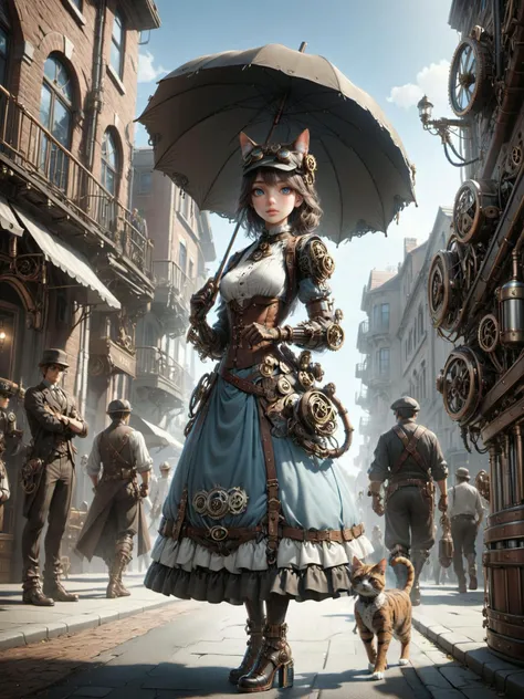 (female cat:1.2) wearing a steampunk dress and flatcap with googles and mad-mecharm arm holding an umbrella walking down busy street, steampunk, steam, vignette, light rays, people doing chores, cinematic shot, dramatic lighting, blue sky, <lora:Gearbound_Mechanical_Arm_SDXL:0.8> <lora:Gearbound_Steampunk_Chic_1_SDXL:0.8> mad-stpk-bts, mad-stpk_glvs, mad-stpk-bkpk, steampunk, (masterpiece:1.2), best quality, (hyperdetailed, highest detailed:1.2), high resolution textures