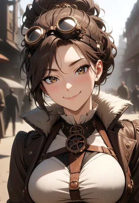 1girl, solo, mature female, pilot, hair up, <lora:Gearbound_Steampunk_Chic_2_SDXL:0.6> goggles, mad-stpk-ggls, fur-trimmed jacket, large breasts, portrait, looking at viewer, smug, raised eyebrows, closed mouth, smile, steampunk, outdoors, sunlight, perfect lighting, depth of field, blurry background, cinematic, filmic, high budget, (masterpiece), (best quality), (ultra-detailed), very aesthetic, illustration, perfect composition, intricate details, absurdres