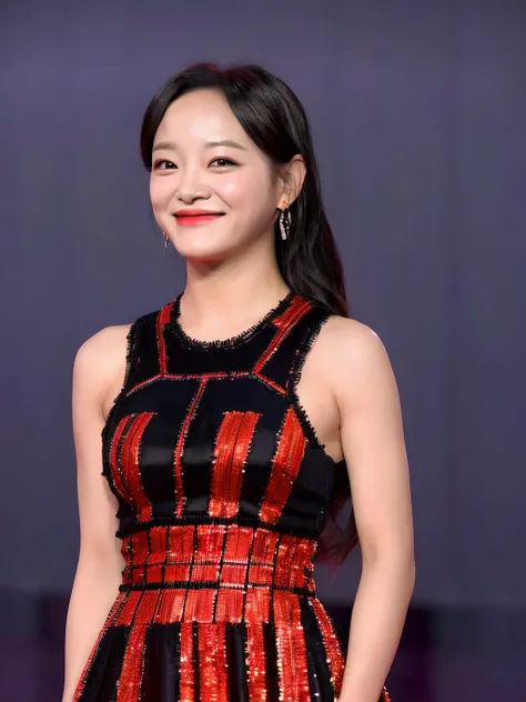Closeup photo of KSJeong wearing an intricate black dress standing on the red carpet, (8k, RAW photo, best quality, masterpiece:1.2), (realistic, photo-realistic:1.37), vibrant colors, <lora:KSJeong:1>