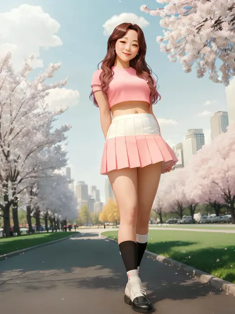 Photo of KSJeong with long wavy brown hair wearing pink crop top a white skirt and black knee socks in a city park with blossoming trees in the background smiling, (8k, RAW photo, best quality, masterpiece:1.2), (realistic, photo-realistic:1.37), vibrant colors, <lora:KSJeong:1>