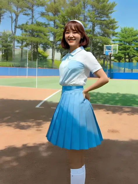 Photo of KSJeong wearing a short blue pleated skirt and a short white blouse standing in a sports park, (8k, RAW photo, best quality, masterpiece:1.2), (realistic, photo-realistic:1.37), vibrant colors, <lora:KSJeong:1>