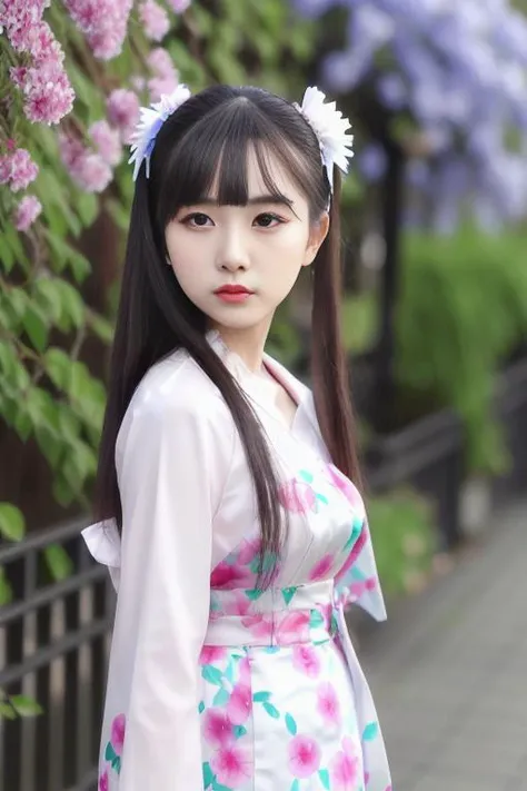 best quality,highly detailed,
real photo,
ulzzang face, 24岁女孩,日式和服, 全身照, 背景是夜景, [PureErosFace_V1:0.3], 花朵发饰, 面向摄像头