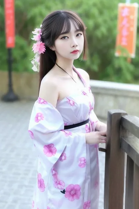 best quality,highly detailed,
real photo,
ulzzang face, 24岁女孩,日式和服, 全身照, 背景是夜景, [PureErosFace_V1:0.3], 花朵发饰, 面向摄像头