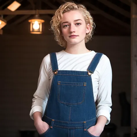 8k quality, wet body, clean body, little breasts, dakota fanning, shy, short hair, grey overalls,