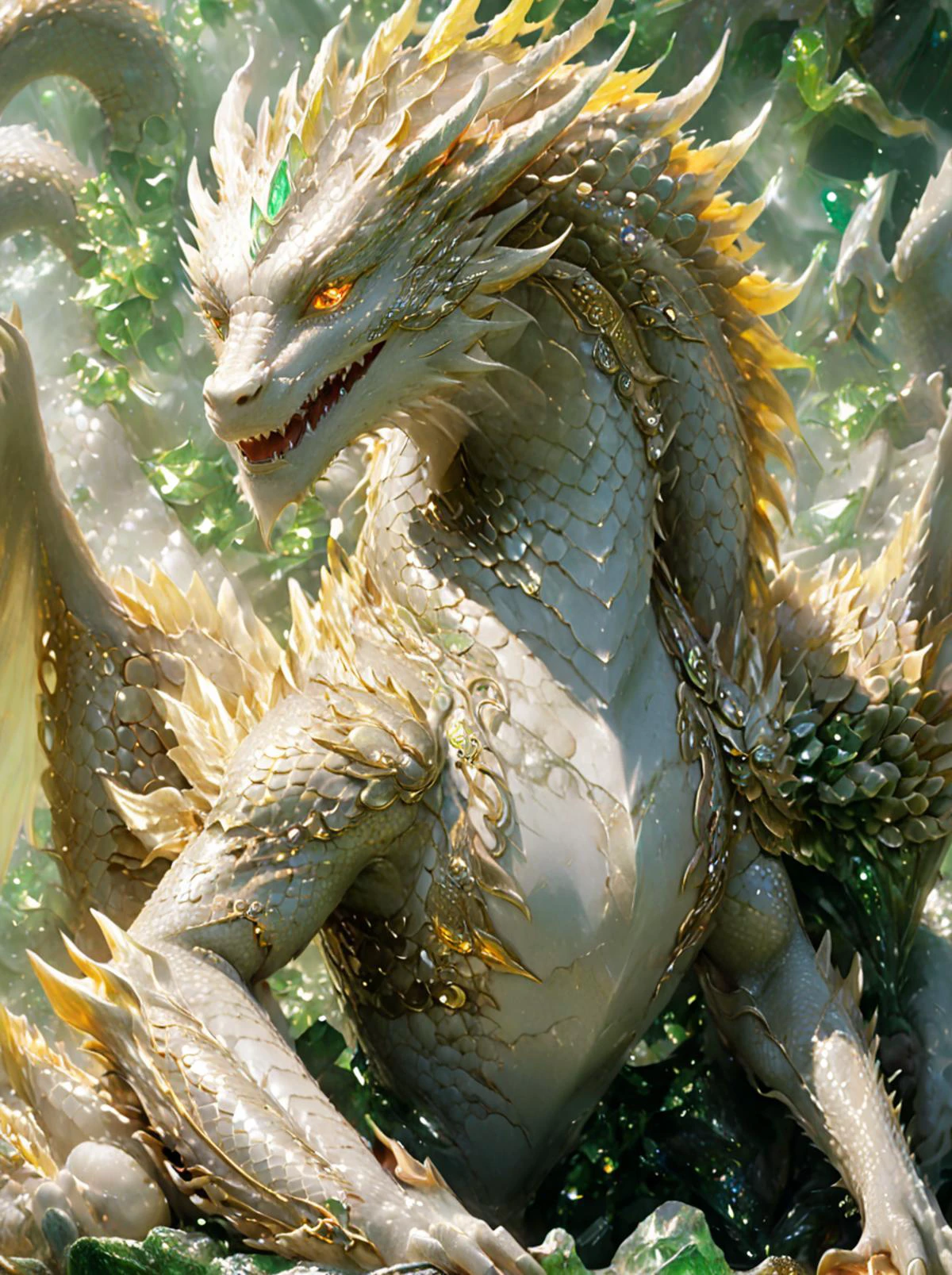 gold dragon,classic dragon,bailing_eastern dragon,BJ_Sacred_beast,(gold trim:0.8),dragon horns,gleaming diamond dragon with golden accents,radiating light,amidst brilliance,symetrical hyperdetailed texture,(jade fili:0.5),pearl filigree,concept art,artstation,perfect composition,luxuriant,masterpiece,glittering professional photography,macro,available light,natural lighting,canon lens,shot on dslr 64 megapixels sharp focus ethereal,mugshot,from side,complicate jewelry,bright pupils,dragon eyes,yellow eyes,sharp teeth,shiny,sitting,(girl:0.6),<lora:Classic Western Dragons XL>,<lora:xl_more_art-full_v1:0.9>,<lora:SDXL_Sacred_beast:0.5>,<lora:JuggerCineXL2:1>,<lora:add-detail-xl:1>,<lora:jade:0.7>,<lora:xl-shanbailing-1025-eastern dragon-000008:0.6>,<lora:neg4all_bdsqlsz_xl_V7:-1>,