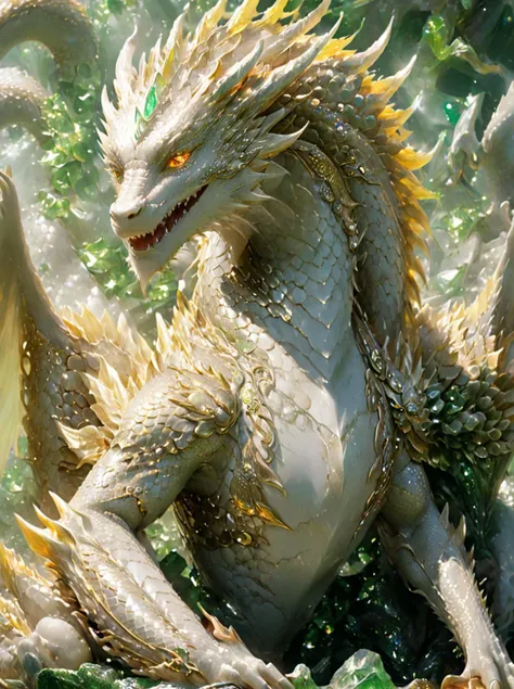 gold dragon,classic dragon,bailing_eastern dragon,BJ_Sacred_beast,(gold trim:0.8),dragon horns,gleaming diamond dragon with golden accents,radiating light,amidst brilliance,symetrical hyperdetailed texture,(jade fili:0.5),pearl filigree,concept art,artstation,perfect composition,luxuriant,masterpiece,glittering professional photography,macro,available light,natural lighting,canon lens,shot on dslr 64 megapixels sharp focus ethereal,mugshot,from side,complicate jewelry,bright pupils,dragon eyes,yellow eyes,sharp teeth,shiny,sitting,(girl:0.6),<lora:Classic Western Dragons XL>,<lora:xl_more_art-full_v1:0.9>,<lora:SDXL_Sacred_beast:0.5>,<lora:JuggerCineXL2:1>,<lora:add-detail-xl:1>,<lora:jade:0.7>,<lora:xl-shanbailing-1025-eastern dragon-000008:0.6>,<lora:neg4all_bdsqlsz_xl_V7:-1>,