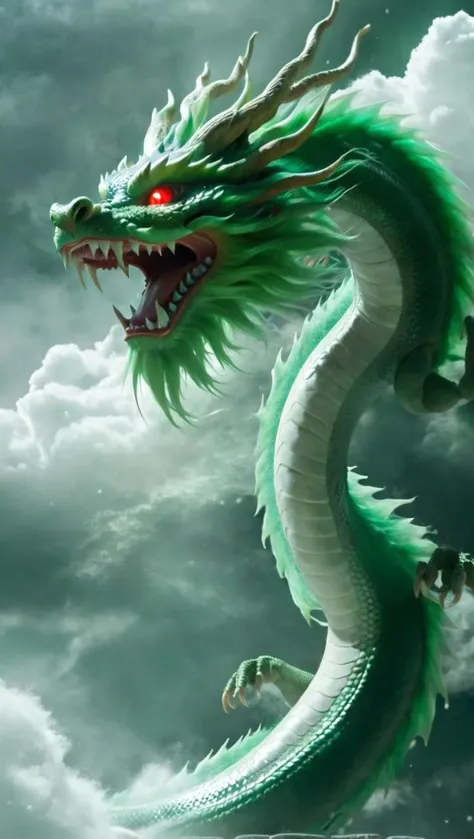 <lora:xl-shanbailing-1025-eastern dragon-000008:0.95>,bailing_eastern dragon,dragon suspended in the air there are clouds,outdoors,red eyes,long hair,snowing,the green dragon,