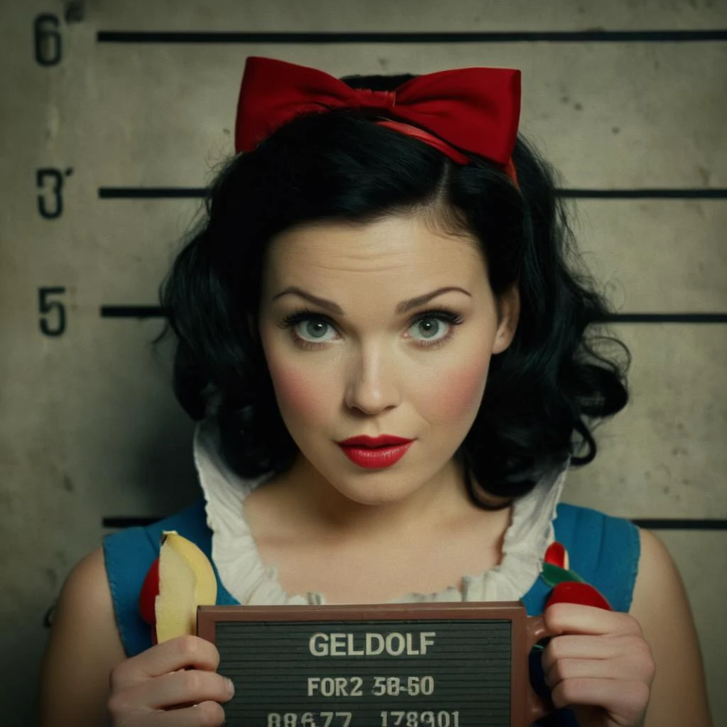 cinematic film still of <lora:Mugshots style:0.8> (((mugshot wall)))
A Mugshot photo of a cute innocent snow white posing with a mug sign behind a mugshot wall <lora:Snow White v3:0.6>, shallow depth of field, vignette, highly detailed, high budget, bokeh, cinemascope, moody, epic, gorgeous, film grain, grainy