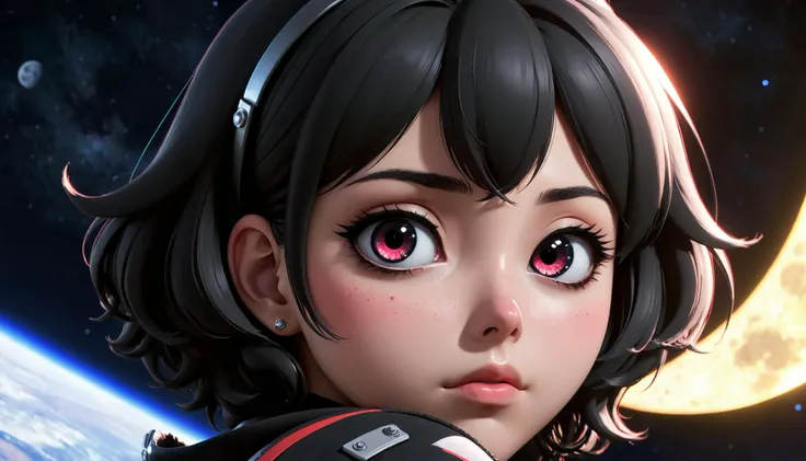 1girl, solo, close-up, space, planets, night, crescent moon, ass, Caroline \(Persona 5\), embarrassed, nose blush, a time traveler stuck in a post-apocalyptic world , <lora:fracolor:0.8>, fracolor, frc1, shy, embarrassed,, (8k, masterpiece, best quality, ultra-detailed), (an extremely delicate and beautiful)kawaii, cute, very big eyes, Aesthetic Anime Eyes, small face, large breasts, cinematic lighting, , Intricate, High Detail, Sharp focus, dramatic, masterpiece, best quality, ultra-detailed,, very thin waist, <lora:bombshell_v1:0.4>,big boobs,slim body,