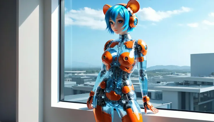 1girl, solo, from afar, full body, armory, day, sunny, arm at side, blue hair, very short hair, ponytail, turquoise eyes, shortstack, wide hips, boob window, orange pants, mouse ears, large breasts, speaking, talking, a post-apocalyptic world where technology failed, <lora:PAseer-SDXL-Transparent Robot:0.8>, transparent robot, transparent mecha, very thin waist, <lora:bombshell_v1:0.4>,big boobs,slim body,, (8k, masterpiece, best quality, ultra-detailed), (an extremely delicate and beautiful)kawaii, cute, very big eyes, Aesthetic Anime Eyes, small face, large breasts, cinematic lighting, , Intricate, High Detail, Sharp focus, dramatic, masterpiece, best quality, ultra-detailed,