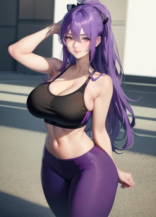 big eyes, small breasts, beautiful, (masterpiece:1.2), (best quality:1.2), (perfect eyes:1.1), (perfect face:1.1), smiling, perfect lighting, yoga pants, sports bra, <lora:camillaFireEmblem_v10:0.8>, purple hair, hairclip, arms behind back, mature female, large breasts, slight light smile,  <lora:gymtastic_v10:1>