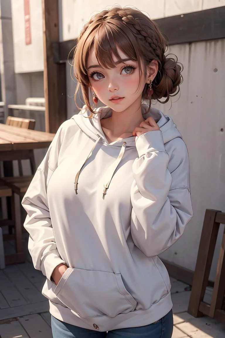 (masterpiece, best quality), 1girl, Raspberry Boho Braided Updo, Size G breasts, <lora:OversizedClothes_FefaAIart:1> oversized hoodie