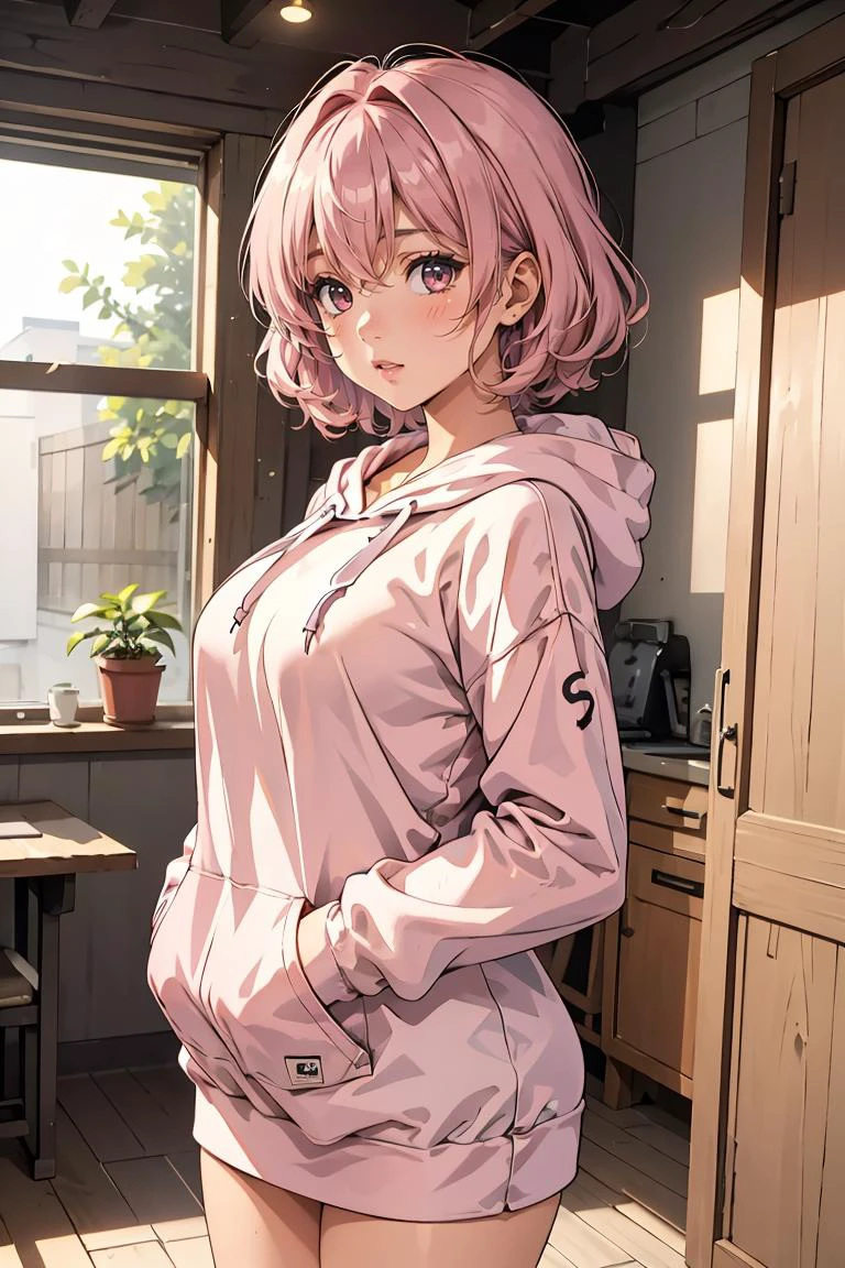 (masterpiece, best quality), 1girl, Watermelon pink Curly Top with Tapered Sides and, Size DD breasts, <lora:OversizedClothes_FefaAIart:1> oversized hoodie