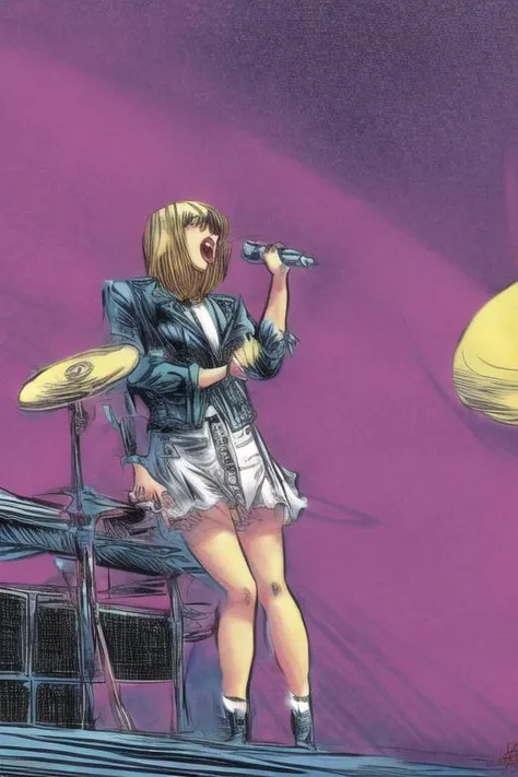 Evang Style illustration of Taylor Swift on a stage, singing, wearing a denim skirt and white shirt and a tie, noir, flat colors, highly detailed, best quality,  in the style of Sui Ishida
