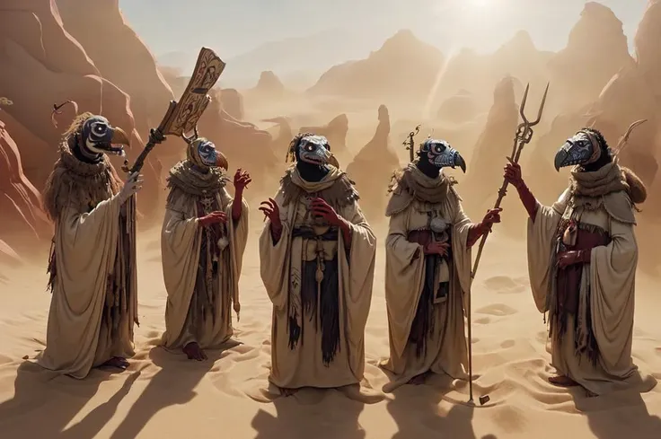 skeksil, small group of relaxed wise humanoid vulture skeksis with beige robes ((with face paint)) and staff, white skinned, amulets, in the red canyons, heretic, sandstorm <lora:Skeksis:1>, headgear, wearing a bone mask with festive paint, smile, raising arms up side view, high sun light, volumetrics, horizon, bannerpoles in the sand, tv show screenshot