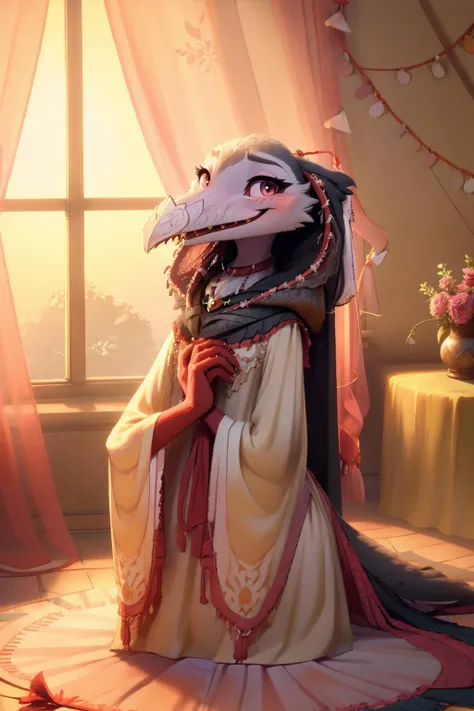 skeksis,skeksil, ((masterpiece,best quality)),best res,,good anatomy,cute,ultra cute face,hot,female,smiling,extremely detailed face,4k,happy, upper body,,detailed eyes,beautiful,smiling,,cute,very cute,, solo,, smile, tail,,,blushing,leaning,closer, <lora:Skeksis:1.5>