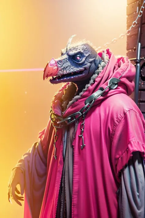 skeksil, solo, skeksis wearing tattered robes in a dungeon with chains <lora:Skeksis:1>, subsurface scattering, ultra hd, 4k, high def, Photorealistic, Hyperrealistic, Hyper detailed, analog style, realistic, masterpiece, best quality, ultra realistic, 8k, Intricate, High Detail, film photography, soft lighting, heavy shadow, Color scheme of neon pink, neon blue, neon yellow, neon green